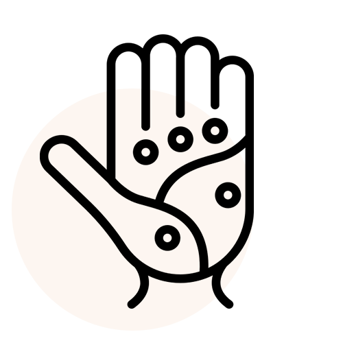 Black line drawing of a palm with four dots on a white background