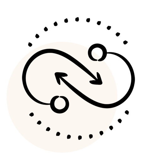 Circular icon with arrows and dots on a beige background